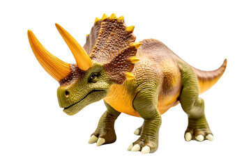 Obraz premium A vibrant. detailed toy model of a Triceratops dinosaur its distinctive three horns and frill. positioned on a clean white background. ideal for educational and decorative purposes