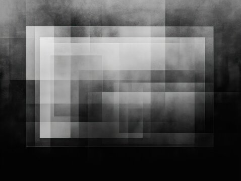 layered translucent gray rectangles and squares with smoky textures and soft gradients forming a moody, contemplative abstract geometric composition