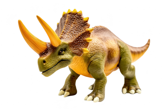 A vibrant. detailed toy model of a Triceratops dinosaur its distinctive three horns and frill. positioned on a clean white background. ideal for educational and decorative purposes