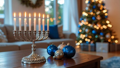 An elegant silver Hanukkah menorah with lit candles standing on the wooden table in the living room of the house. 