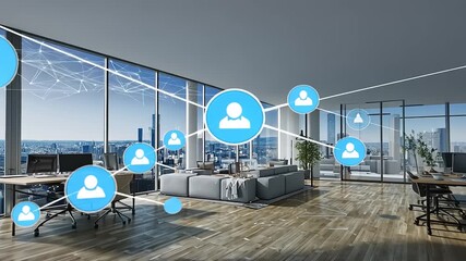 Modern office interior featuring digital networking visuals with city skyline in the background - Powered by Adobe