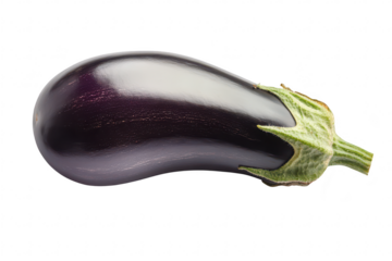 A close-up view of a fresh. glossy eggplant resting on a clean. white surface. its rich purple color and green calyx. ideal for culinary use or food-related content