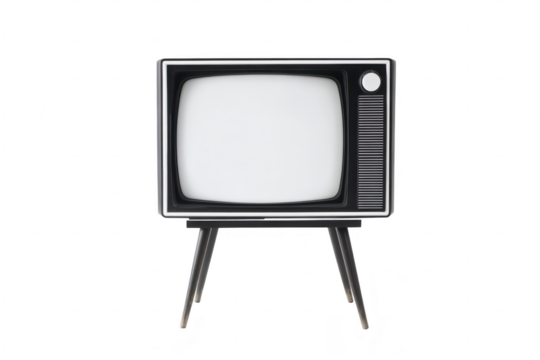Vintage television set with a classic design. positioned centrally on a clean white background. evoking nostalgia for mid-century modern decor. ideal for retro-themed projects or advertisements