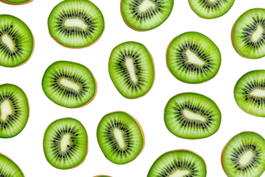A overhead view of freshly sliced kiwi fruit arranged in a neat pattern on a clean white background. their vivid green color and intricate seed patterns. ideal for culinary or health-related content