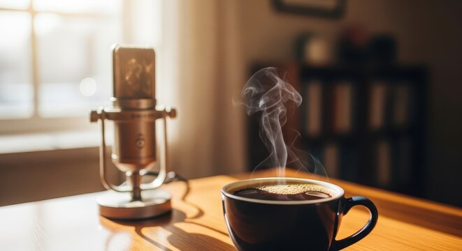 Steaming hot beverage rests near professional recording equipment bathed in morning light