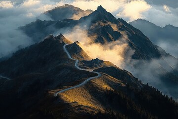Winding mountain ridge road cutting through misty peaks bathed in golden light, dramatic moody alpine scene evoking solitude and awe
