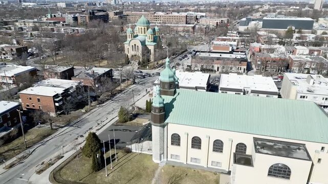 Aerial view of Assumption of the Blessed Virgin Mary Catholic Church in Montreal on a clear winter day. g.