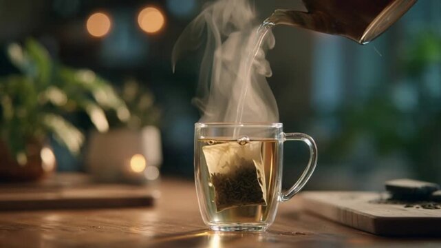 Steaming Tea A Warm Cup with a Tea Bag for Comfort and Relaxation on a Wooden Table