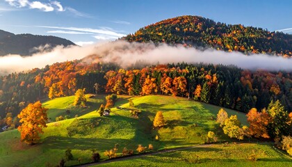 Aerial view of a vibrant autumnal scene, with rolling green hills and colorful trees under a cloudy blue sky