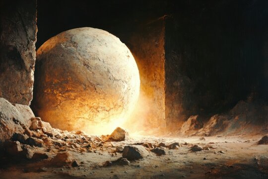 gigantic glowing stone sphere resting in a dark cavern amid rocky rubble and dust, bathed in warm golden light, evoking mystery and awe - Powered by Adobe