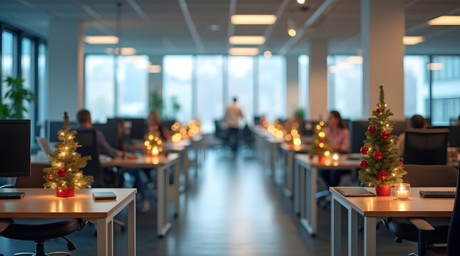 Festive Christmas spirit in modern office with cheerful decorated trees on desks adding holiday cheer, selective focus