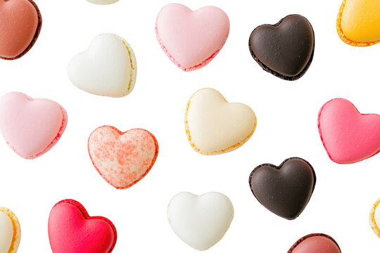 A delightful arrangement of heart-shaped macarons in various pastel colors. a whimsical dessert spread perfect for celebrations or special occasions - Powered by Adobe