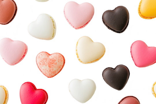 A delightful arrangement of heart-shaped macarons in various pastel colors. a whimsical dessert spread perfect for celebrations or special occasions