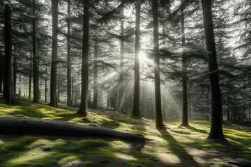 Obraz premium Sunlight streaming through tall evergreen trunks in a misty woodland over a soft mossy floor with a fallen log, casting long shadows and a serene mystical calm