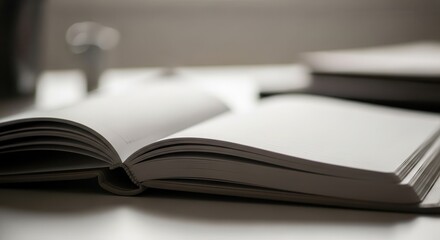 Open blank notebook rests on a light surface with blurred background elements