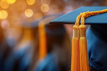 Close-up of graduation mortarboard with gold tassel and blurred caps in warm celebratory bokeh, evoking pride and achievement