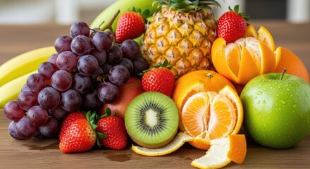 A vibrant assortment of fresh fruits including strawberries, kiwi, and oranges, arranged on a wooden table with bananas and apples.