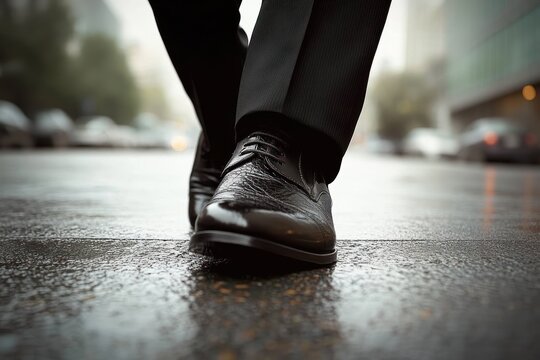 Confident stride of polished black dress shoes and suit trousers on a wet city street with reflective pavement and blurred cars, conveying purpose and determination