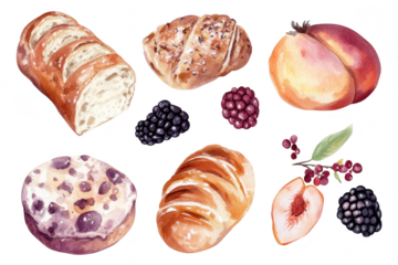 A watercolor illustration an assortment of freshly baked goods including bread. pastries. and fruits. set against a clean white background. perfect for culinary art or bakery promotions