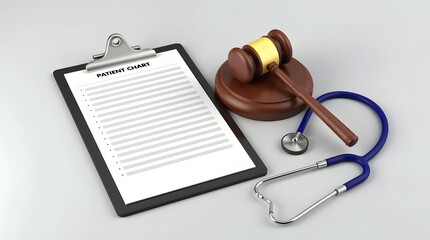 Healthcare compliance concept with gavel, stethoscope and patient chart symbolizing regulation and legal issues