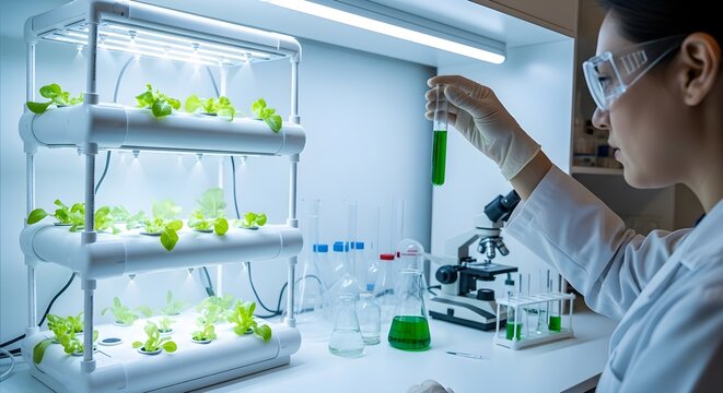 A scientist examines a test tube of green liquid in a laboratory.