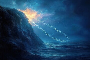 glowing ring of floating crystals over a stormy blue sea beside a dark rocky cliff at dawn, golden light breaking through clouds, mysterious and awe-filled mood