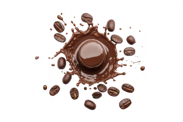 A dynamic splash of rich chocolate surrounding a central chocolate sphere. with scattered coffee beans. creating an enticing visual for culinary or dessert-themed projects