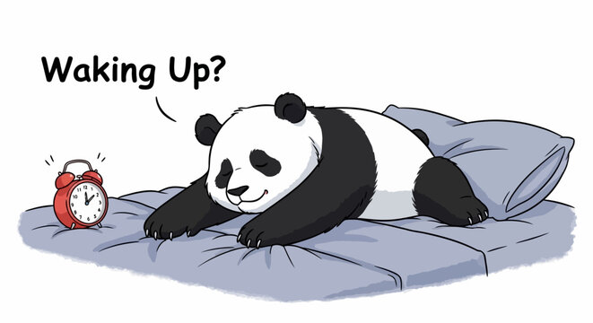 A cute, sleepy panda character trying to ignore the persistent morning alarm clock, reluctant to start the day from a cozy bed