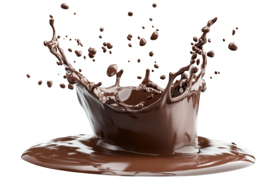 A dynamic splash of rich. dark chocolate forming a crown shape against a clean white background. the beauty of liquid motion. perfect for culinary or dessert-themed projects