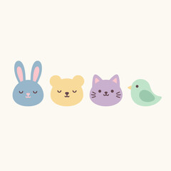 Cute Animal Faces Bunny Bear Cat and Bird Illustrations.
