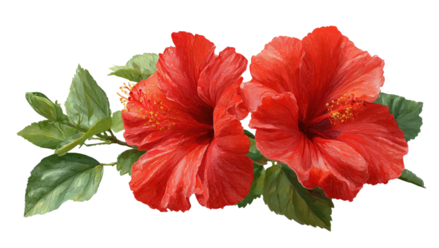 Vibrant red hibiscus flowers with green leaves on black background