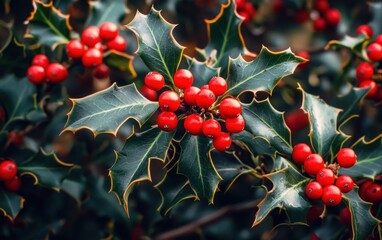 close-up of glossy spiky holly leaves and clusters of bright red berries conveying a vivid festive seasonal mood