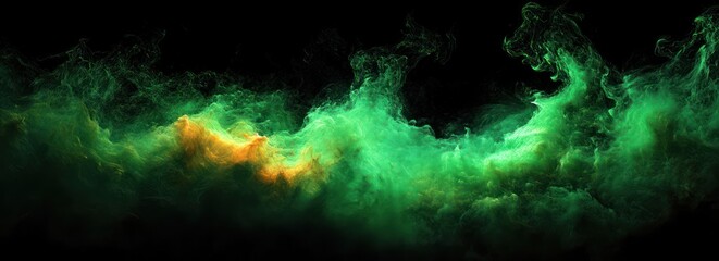 Emerald and amber swirling smoke and mist against a black background, ethereal and dramatic glowing plumes