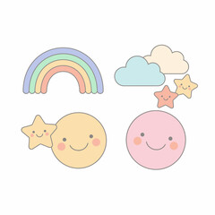 Cute Pastel Weather Icons Rainbow Clouds Stars and Smiling Suns.
