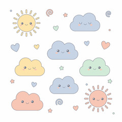 Cute Pastel Weather Icons Sun Clouds and Hearts.