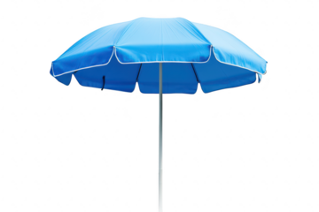 A blue beach umbrella stands tall against a white background. symbolizing summer relaxation and outdoor leisure. perfect for vacation planning or beach-themed projects