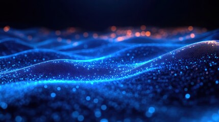 glowing blue particle waves forming a digital ocean of light with warm distant orange bokeh, evoking serenity and wonder
