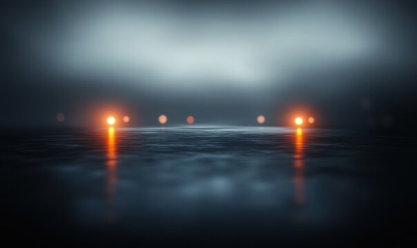 foggy night over a calm water surface with distant orange lights and soft reflections, bokeh highlights and a mysterious serene mood