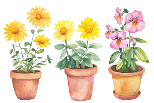 A watercolor illustration featuring three potted plants with bright yellow daisies and delicate pink pansies. set against a clean white background. ideal for botanical-themed decor or gardening conten