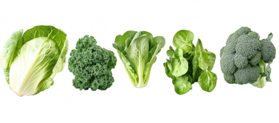 A display of fresh green vegetables including cabbage. kale. romaine lettuce. spinach. and broccoli arranged in a line against a clean white background. ideal for healthy eating concepts