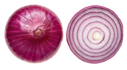 Whole and sliced red onion against a black background