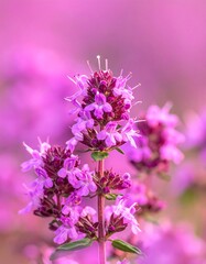 A tall plant blooms with stacked sections of small purple flowers with threadlike pistils, against a blurred pink