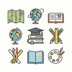 Educational Icons Representing Geography Literature and Art Supplies.
