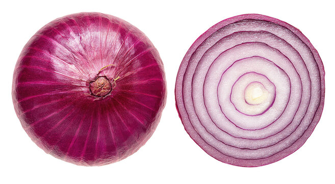 Whole and sliced red onion against a black background