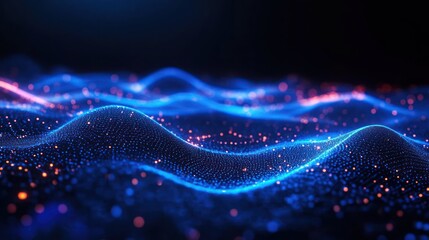 glowing blue undulating digital wave landscape of tiny light particles and orange highlights, a serene futuristic network visualization conveying motion and depth