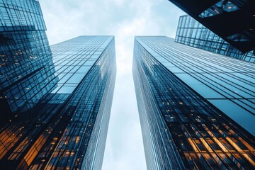 Looking up at two towering glass skyscrapers with reflective facades and warm glowing windows under an overcast sky, evoking awe and modern ambition