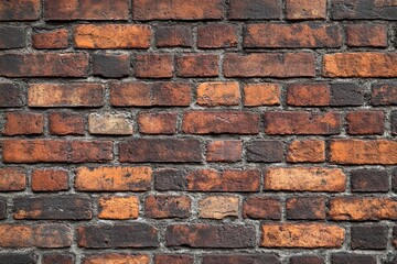 Obraz premium weathered red brick wall with rough textured mortar, rustic aged masonry and warm orange-brown tones evoking a rugged nostalgic atmosphere
