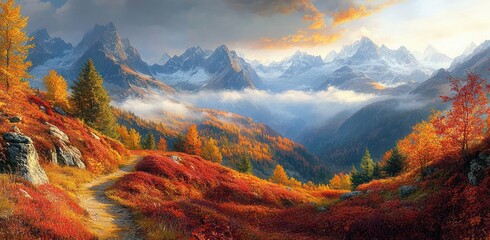 Winding dirt trail through crimson and golden autumn meadows, rocky outcrops and evergreen trees leading to mist-filled valley and snow-capped jagged peaks under a glowing sky, serene and majestic