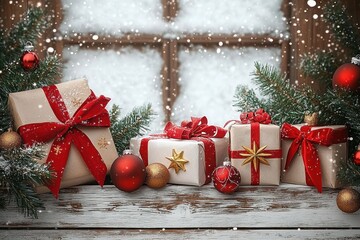 Wrapped gift boxes with red ribbons and bows, red and gold baubles, evergreen sprigs and falling snow on a rustic wooden table by a snowy window, festive cozy holiday scene