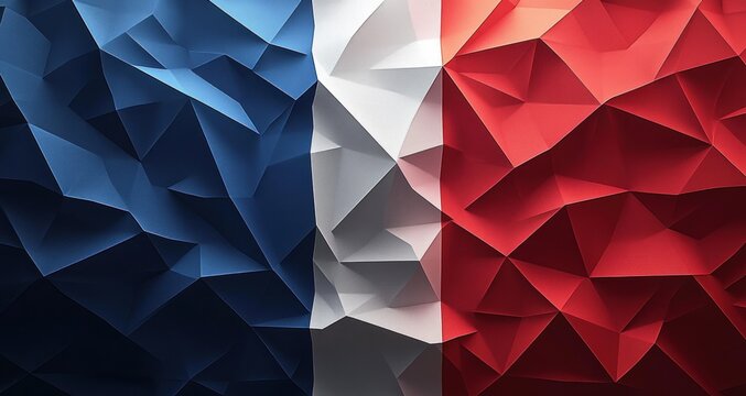 Abstract geometric tricolor with vertical blue, white and red polygonal facets, crumpled paper texture and sharp shadows conveying bold patriotic energy and modern depth - Powered by Adobe